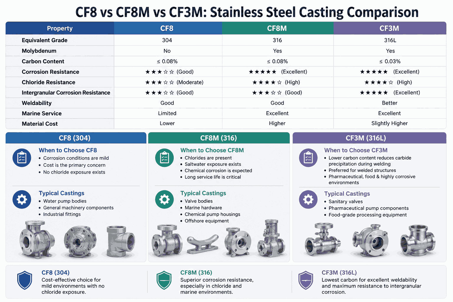 CF8 vs CF8M vs CF3M：Stainless Steel Casting Comparison