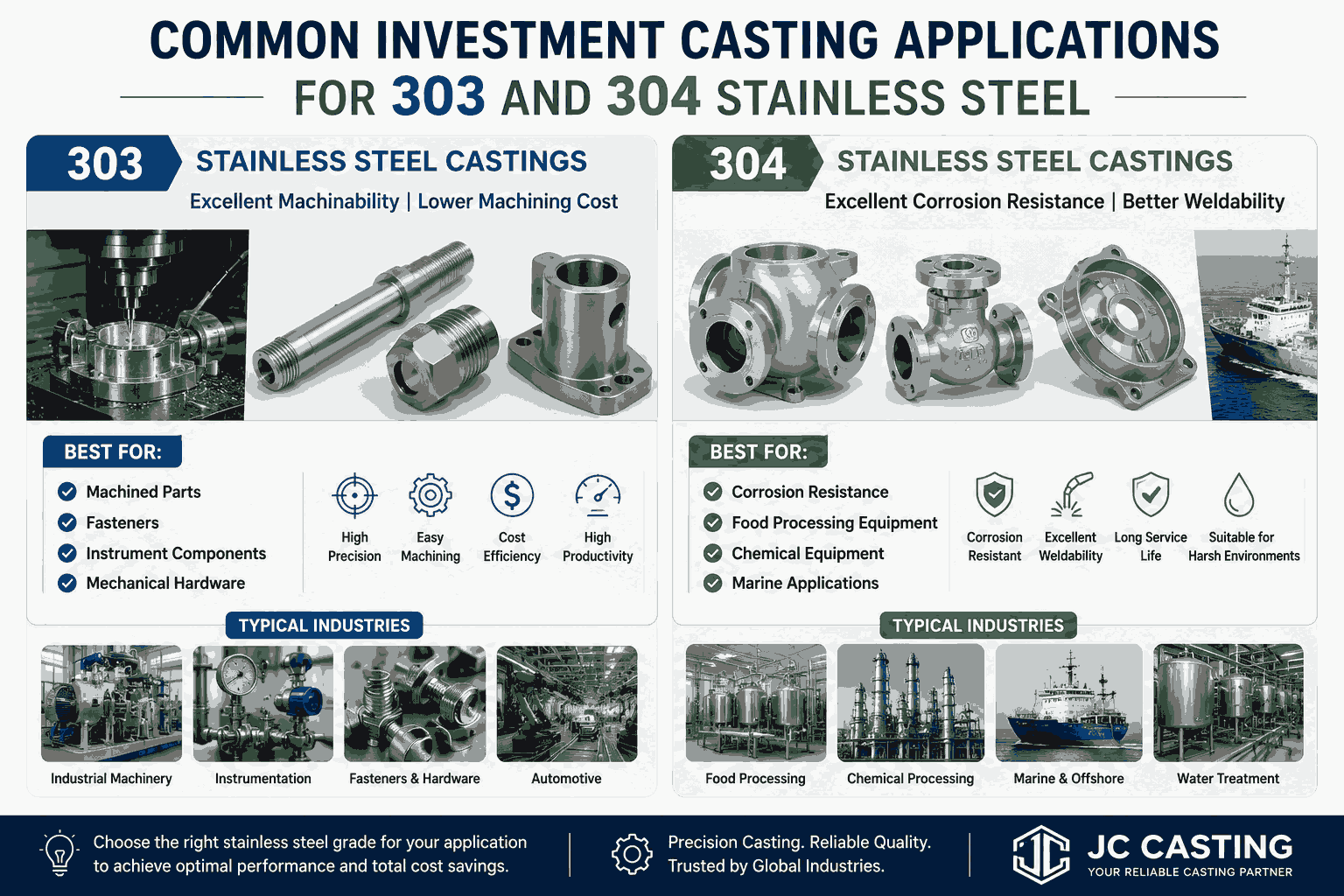 Common Investment Casting Applications for 303 and 304 Stainless Steel